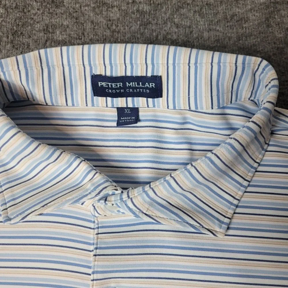 Peter Millar Casely Polo Shirt Mens Sz XL Blue Stripe Short Sleeve Crown Crafted